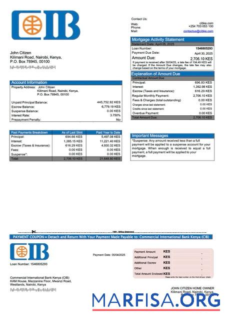 Blank Kenya Commercial International Bank Kenya (CIB) mortgage statement Word and PDF template